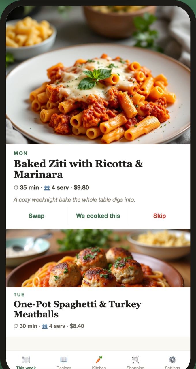 The weekly plan screen in the Plento Pasto app: Baked Ziti with Ricotta & Marinara at $9.80 per serving, then One-Pot Spaghetti & Turkey Meatballs — each with a picture, cook time, and Swap / We cooked this buttons